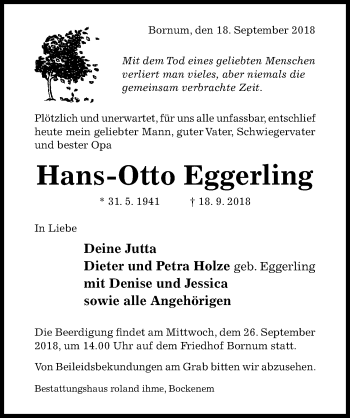 Traueranzeige von Hans-Otto Eggerling von Hildesheimer Allgemeine Zeitung