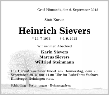 Traueranzeige von Heinrich Sievers von Hildesheimer Allgemeine Zeitung