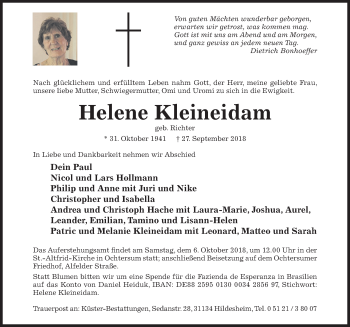 Traueranzeige von Helene Kleineidam von Hildesheimer Allgemeine Zeitung