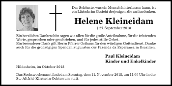 Traueranzeige von Helene Kleineidam von Hildesheimer Allgemeine Zeitung