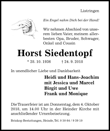 Traueranzeige von Horst Siedentopf von Hildesheimer Allgemeine Zeitung