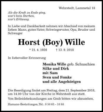 Traueranzeige von Horst Wille von Hildesheimer Allgemeine Zeitung