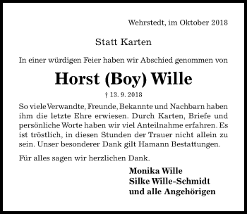 Traueranzeige von Horst Wille von Hildesheimer Allgemeine Zeitung