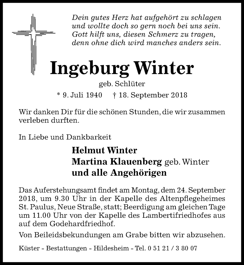 Traueranzeigen von Ingeburg Winter  Trauerportal Hildesheimer Allgemeine  Zeitung