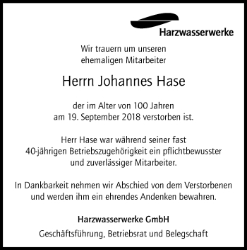 Traueranzeige von Johannes Hase von Hildesheimer Allgemeine Zeitung