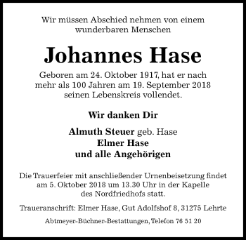 Traueranzeige von Johannes Hase von Hildesheimer Allgemeine Zeitung