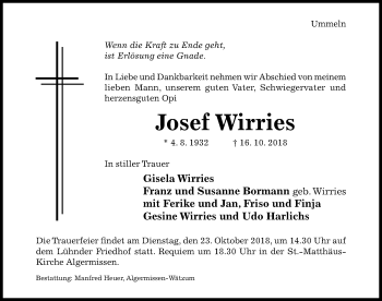 Traueranzeige von Josef Wirries von Hildesheimer Allgemeine Zeitung