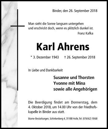 Traueranzeige von Karl Ahrens von Hildesheimer Allgemeine Zeitung