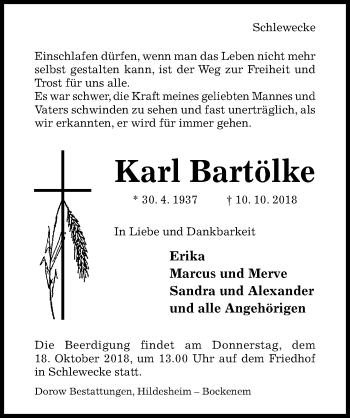 Traueranzeige von Karl Bartölke von Hildesheimer Allgemeine Zeitung