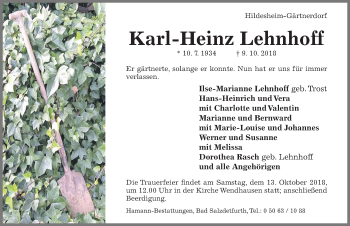 Traueranzeige von Karl-Heinz Lehnhoff von Hildesheimer Allgemeine Zeitung