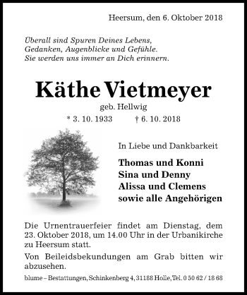 Traueranzeige von Käthe Vietmeyer von Hildesheimer Allgemeine Zeitung