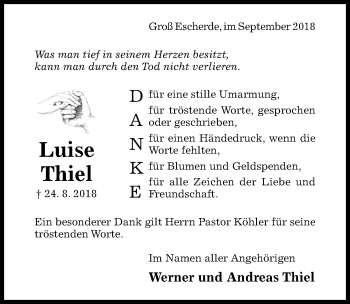 Traueranzeige von Luise Thiel von Hildesheimer Allgemeine Zeitung