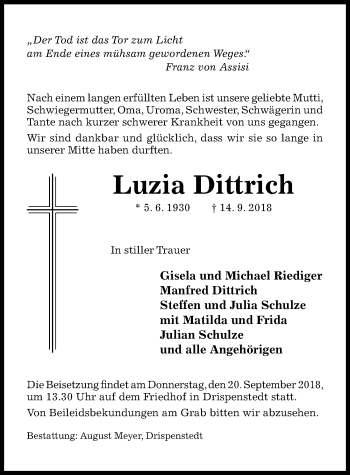 Traueranzeige von Luzia Dittrich von Hildesheimer Allgemeine Zeitung