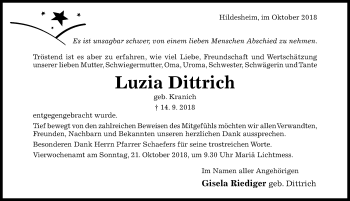 Traueranzeige von Luzia Dittrich von Hildesheimer Allgemeine Zeitung