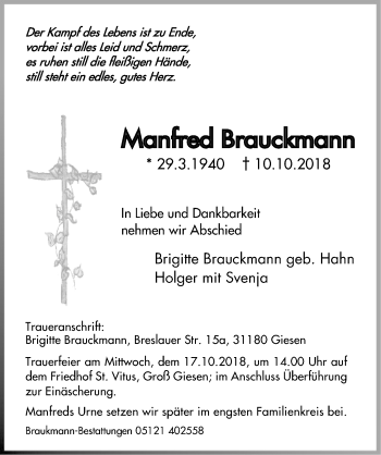 Traueranzeige von Manfred Brauckmann von Hildesheimer Allgemeine Zeitung