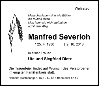 Traueranzeige von Manfred Severloh von Hildesheimer Allgemeine Zeitung