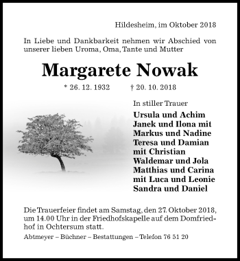 Traueranzeige von Margarete Nowak von Hildesheimer Allgemeine Zeitung