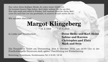 Traueranzeige von Margot Klingeberg von Hildesheimer Allgemeine Zeitung