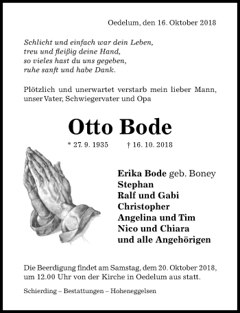 Traueranzeige von Otto Bode von Hildesheimer Allgemeine Zeitung