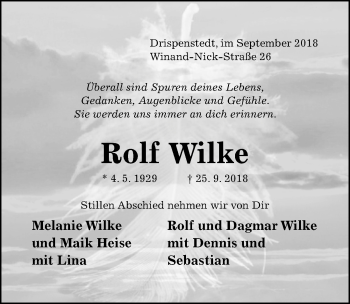 Traueranzeige von Rolf Wilke von Hildesheimer Allgemeine Zeitung