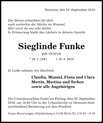 Traueranzeige von Sieglinde Funke von Hildesheimer Allgemeine Zeitung