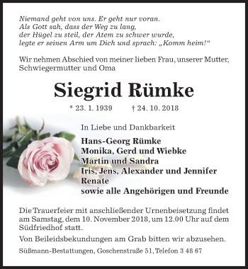 Traueranzeige von Siegrid Rümke von Hildesheimer Allgemeine Zeitung