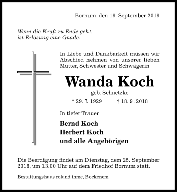 Traueranzeige von Wanda Koch von Hildesheimer Allgemeine Zeitung