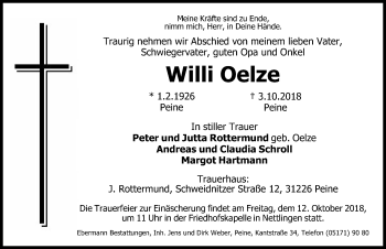 Traueranzeige von Willi Oelze von Hildesheimer Allgemeine Zeitung