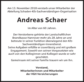 Traueranzeige von Andreas Schaer von Hildesheimer Allgemeine Zeitung