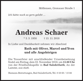 Traueranzeige von Andreas Schaer von Hildesheimer Allgemeine Zeitung