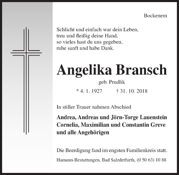 Traueranzeige von Angelika Bransch von Hildesheimer Allgemeine Zeitung