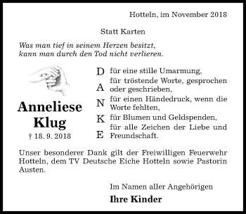 Traueranzeige von Anneliese Klug von Hildesheimer Allgemeine Zeitung