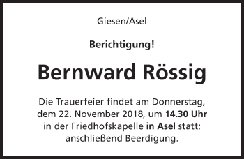 Traueranzeige von Bernward Rössig von Hildesheimer Allgemeine Zeitung