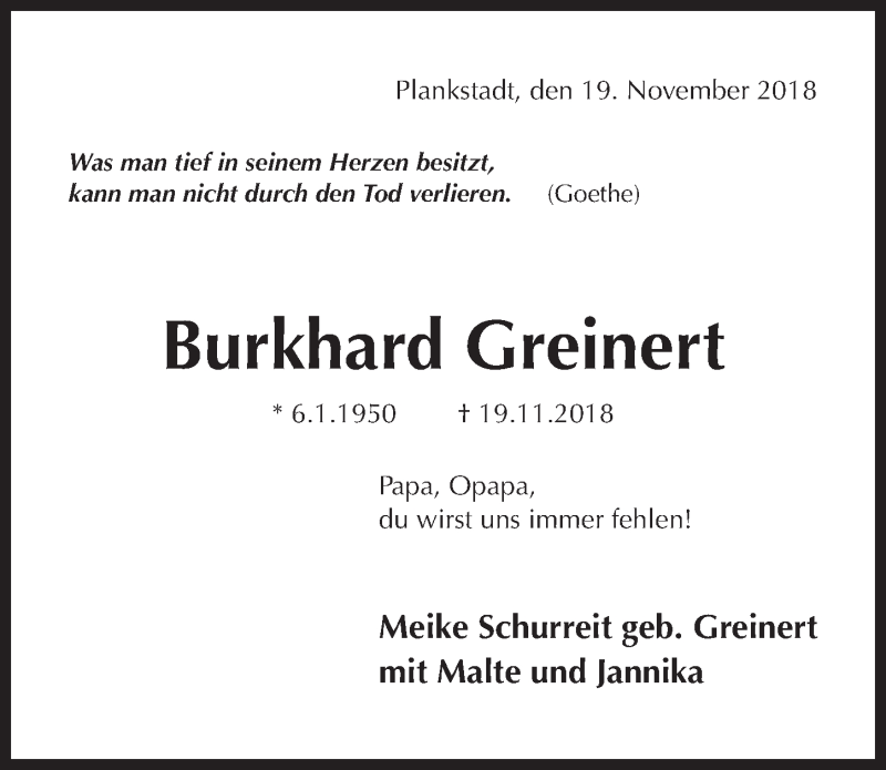  Traueranzeige für Burkhard Greinert vom 24.11.2018 aus Hildesheimer Allgemeine Zeitung