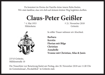 Traueranzeige von Claus-Peter Geißler von Hildesheimer Allgemeine Zeitung