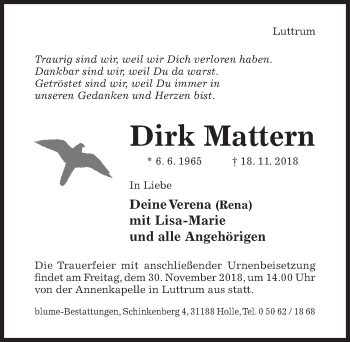 Traueranzeige von Dirk Mattern von Hildesheimer Allgemeine Zeitung