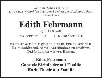 Traueranzeige von Edith Fehrmann von Hildesheimer Allgemeine Zeitung