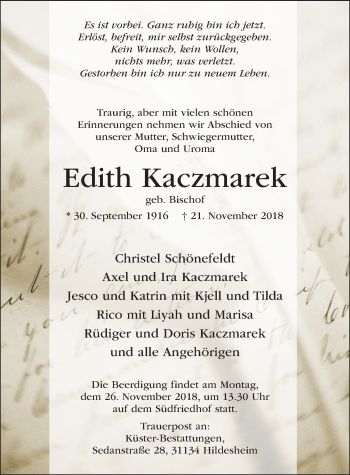 Traueranzeige von Edith Kaczmarek von Hildesheimer Allgemeine Zeitung