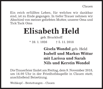 Traueranzeige von Elisabeth Held von Hildesheimer Allgemeine Zeitung