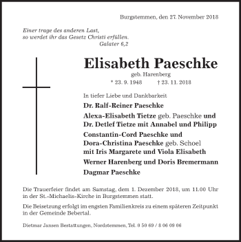 Traueranzeige von Elisabeth Paeschke von Hildesheimer Allgemeine Zeitung