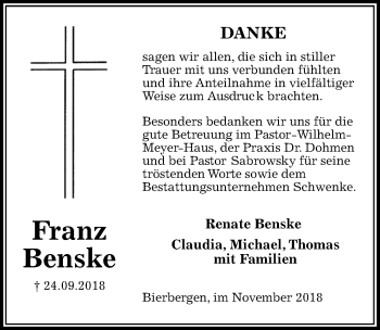 Traueranzeige von Franz Benske von Hildesheimer Allgemeine Zeitung