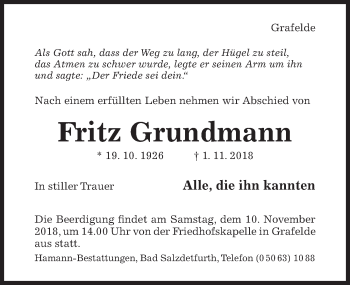 Traueranzeige von Fritz Grundmann von Hildesheimer Allgemeine Zeitung