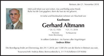 Traueranzeige von Gerhard Altmann von Hildesheimer Allgemeine Zeitung