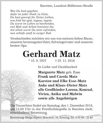 Traueranzeige von Gerhard Matz von Hildesheimer Allgemeine Zeitung