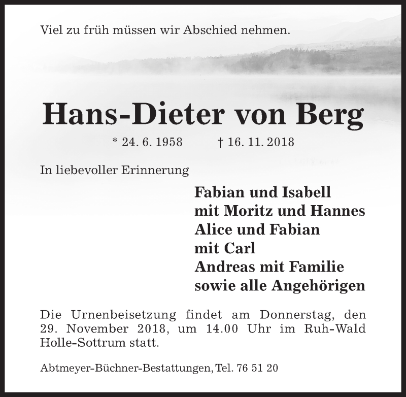  Traueranzeige für Hans-Dieter von Berg vom 24.11.2018 aus Hildesheimer Allgemeine Zeitung