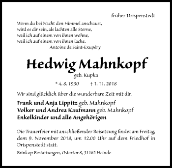 Traueranzeige von Hedwig Mahnkopf von Hildesheimer Allgemeine Zeitung