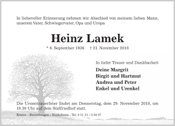 Traueranzeige von Heinz Lamek von Hildesheimer Allgemeine Zeitung