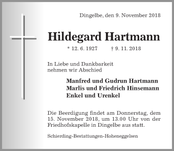 Traueranzeige von Hildegard Hartmann von Hildesheimer Allgemeine Zeitung