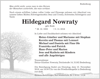 Traueranzeige von Hildegard Nowraty von Hildesheimer Allgemeine Zeitung