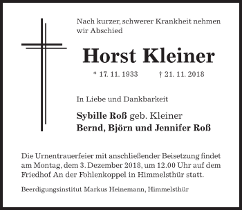 Traueranzeige von Horst Kleiner von Hildesheimer Allgemeine Zeitung